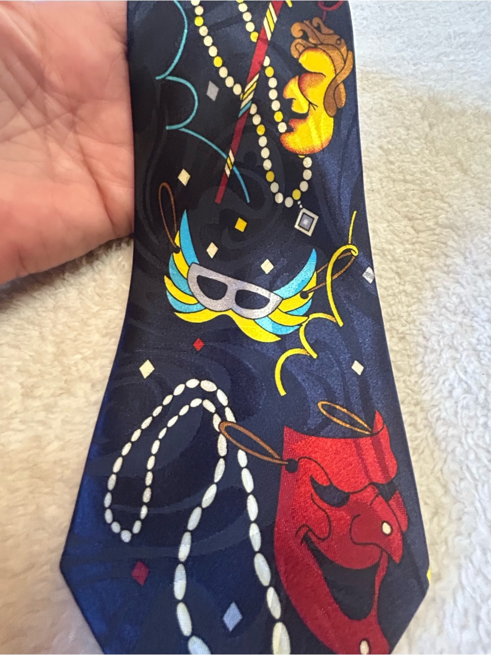 🎁3 for $30 - Navy Novelty Carnival Mask & Beads Necktie